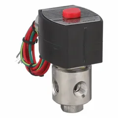 This REDHAT solenoid valve is a 3-way/2-position, normally closed type with a 1/4 in pipe size. It operates on 120V AC (also rated 110V AC) and features a watertight coil enclosure for protection in damp environments. The direct-mount design allows for compact installation. Typical applications include controlling the flow of air, water, or light oil in industrial automation, HVAC, and process control systems.