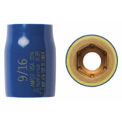 Non-sparking hand socket for use in hazardous environments where ignition from tool sparks must be avoided. Features a 3/8" drive, 9/16" socket size, 6-point standard configuration, and Plastisol coating for added grip and corrosion resistance. Not tether capable.
