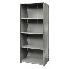 This heavy-duty standalone closed metal shelving unit from HALLOWELL is constructed of steel with a gray finish. It measures 48 inches wide by 12 inches deep with an overall height of 84 inches and includes five shelves. The unit is shipped unassembled. Typical applications include storage of tools, parts, and bulk materials in industrial warehouses, factories, and commercial facilities.