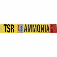 Ammonia adhesive pipe marker for industrial piping identification. Designed for LIQ/VAP phase, High pressure level, fitting 8 in and larger pipe O.D. Supplied without arrows. Single marker with IIAR system abbreviation TSR