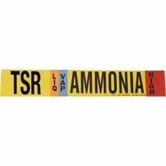 Ammonia adhesive pipe marker for industrial piping identification. Designed for LIQ/VAP phase, High pressure level, fitting 8 in and larger pipe O.D. Supplied without arrows. Single marker with IIAR system abbreviation TSR.