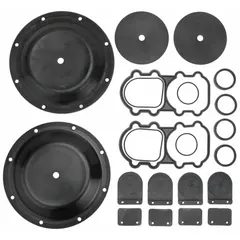 This repair kit is designed for servicing the fluid end of 2-inch SANDPIPER air-operated double-diaphragm pumps. It includes Buna-N seals, gaskets, O-rings, and valve components necessary for a complete fluid-end overhaul. Suitable for use in industrial applications handling water, oils, and mild chemicals.
