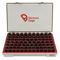 Go (Plus) pin gauge set covering diameters from 0.917 in to 1 in in 0.001 in increments. Black oxide finish provides corrosion resistance and reduces glare. ZZ tolerance class with +/-0.00020 in tolerance. Used for precision hole measurement and go/no-go inspection in manufacturing and quality control