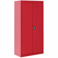 Stationary welded steel shelf cabinet with powder-coated red finish. Includes four adjustable shelves, recessed door handles, and keyed lock. Frame base supports storage in industrial settings.