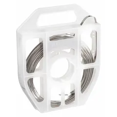 316 stainless steel strapping in gray color, 50 ft length with 750 lb break strength. Used for corrosion-resistant banding in applications such as marine, chemical, and industrial piping or cable bundling where rust resistance is required.