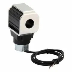 Solenoid coil for hydraulic cartridge valves, rated 115V AC. Overall height 1.97 in, width 1.43 in. Double lead with conduit connector. Constructed of glass filled Rynite. Used in industrial fluid power systems for valve actuation.