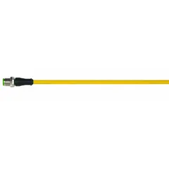 Single-ended cordset with a yellow PUR jacket designed for twisting applications. Features an M12 male straight connector on one end and bare wire on the other. Suitable for connecting sensors or actuators in industrial environments requiring resistance to oils, chemicals, and abrasion. Rated IP66K for protection against high-pressure washdowns.
