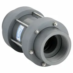 This 3-inch inline poppet check valve features a PVC body and FKM poppet material, with NPT threaded connections. It is designed to prevent backflow in corrosive media systems, suitable for use in industrial processing, water treatment, and chemical transfer lines.
