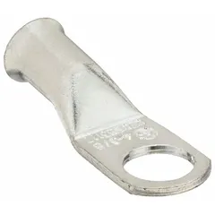 This straight side terminal lug is designed for terminating 4-gauge wire to a 3/8-inch stud. It features a copper contact with a tin finish and supports both crimp and solder connection methods. Suitable for use in battery connections, electrical panels, and switchgear terminations.