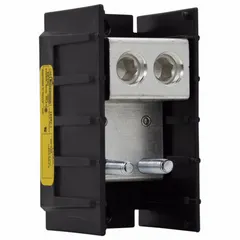 Open block with lug-to-lug connections for distributing power from a single incoming cable to multiple outgoing circuits. Accepts line side wire sizes from 6 AWG to 500 kcmil. Copper construction with surface-mount design for use in industrial control panels, switchgear, and electrical distribution systems.