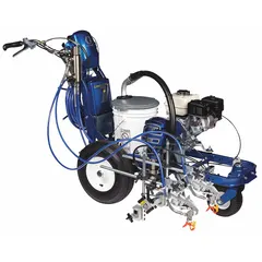 This gas-powered airless line striper from GRACO's 3900 Series is equipped with a 4 hp engine and auto operation. It applies paint to pavement surfaces, producing lines from 2 in minimum to 12 in maximum width. Suitable for marking parking lots, roadways, and industrial floors.