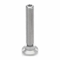 Swivel male leveling mount with M12 thread size and 25 mm stud length. Rated for 16 kN load capacity. Features a round base, 303 stainless steel thrust pad, and includes a plastic thrust pad. Used for leveling and stabilizing machinery and equipment on uneven floors