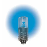 This miniature lamp features a T3-1/4 tubular bulb shape with a miniature screw (E10) base. It operates at 6.3V DC and emits blue light. Suitable for use in indicator panels, control boards, and instrumentation where a 6.3V DC supply and E10 base are required
