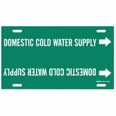 This strap-on pipe marker is used to identify domestic cold water supply lines in piping systems. It features a green background with white legend text and includes directional arrows. The marker fits pipe outer diameters of 6 to 7-7/8 inches. Supplied as a single marker.