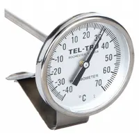 This NSF-rated dial thermometer is designed for clip-on mounting to vats and pans. It provides Fahrenheit temperature readings with +/- 1% accuracy and features a 12-inch stem. Suitable for industrial and laboratory applications requiring precise temperature monitoring