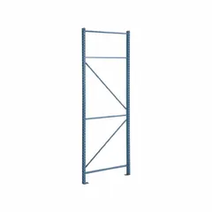 This STEEL KING upright is a steel, impact-resistant teardrop pallet rack upright with a 12 ft overall height and dimensions of 42 in x 3 in. Finished in blue, it serves as a vertical support in industrial pallet racking systems. The teardrop design enables quick beam adjustment for flexible, high-density storage of palletized goods.