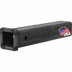 This receiver tube is constructed from carbon steel and features a 2-inch compatible hitch size. With an overall length of 14 inches and width of 2 inches, it serves as a mounting point for drawbars or accessories in towing applications.