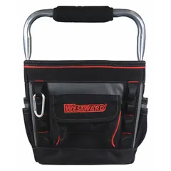This WESTWARD tool tote is constructed of black polyester for lightweight carrying. It features 13 total pockets, including 3 inside pockets, for organizing hand tools, fasteners, and small parts. Suitable for use on job sites or in workshops.