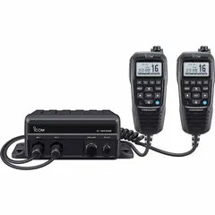 Vehicle-mounted marine VHF two-way radio with analog and DSC operation. Provides 25 W output across 70 channels, featuring an alphanumeric display, integrated GPS, and IPX7 waterproof rating. Suitable for ship-to-ship and ship-to-shore communication on commercial and recreational vessels.