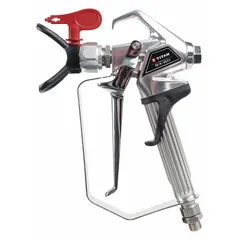 This airless spray gun from TITAN is designed for applying coatings and paints, delivering spray patterns from 1 in to 12 in. It includes a No Build Tip Guard and a 517 Tip, with a 1/4 in air inlet. Suitable for industrial finishing, maintenance painting, and protective coating applications.