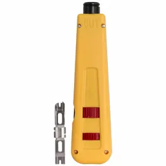 This manual punchdown tool terminates and cuts wires on 110-style data/voice jacks and panels. It features a cushion grip, built-in hook and spudger, and an enlarged blade storage compartment. The tool includes a blade for terminate/cut or terminate-only operation.