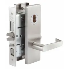 This office lever lockset is constructed of stainless steel with a satin finish. It is ADA compliant for accessibility in commercial or institutional settings. Suitable for securing interior doors where ease of operation is required.
