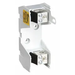 Single-pole open block design fuse holder for UL Class RK1 and RK5 fuses. Rated 250 V AC with box lug terminals and non-indicating feature. Used in industrial control panels, motor circuits, and branch-circuit protection for overcurrent protection.