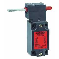 This safety-interlock switch from the NZ.VZ Series features a hinge-type actuating key with a 90° hinge and right-side key hole location. It is equipped with 1NC/1NO contacts and an M20 x 1.5 terminal connection. Typical applications include monitoring the position of movable guards on industrial machinery to prevent access to hazardous areas.