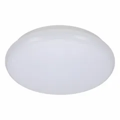 Round LED flush-mount light with integrated LEDs. White finish, 12-inch diameter, 2 7/8-inch height. Provides 1000 lumens at 4000K color temperature, consumes 14 watts, operates on 120V AC. Suitable for low-profile ceiling installations in commercial or industrial spaces such as hallways, offices, and utility areas.