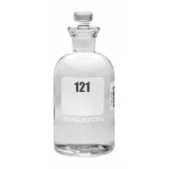 This 300 mL glass BOD bottle features a narrow mouth and a robotic stopper closure. It is colorless with a height of 165 mm and is part of sequence 121-144. Complies with ASTM and USP standards. Used for biochemical oxygen demand testing in water and wastewater analysis.