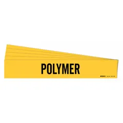 Yellow polymer adhesive pipe marker with black legend text, designed for pipe outer diameters of 8 inches and larger. Each pack contains 5 markers without arrows, suitable for identifying piping in industrial systems.