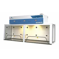This high-performance ductless fume hood from AIR SCIENCE is designed for laboratory and industrial use to capture and filter airborne contaminants. It features an 8 ft overall width and 4 3/8 ft overall height in a white finish. The unit is partially assembled and includes a blower and work surface; a base/stand is required and sold separately.