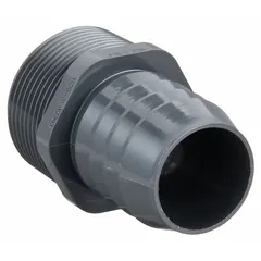 PVC barbed fitting coupling with 1 1/4 in ID barbed end and 1 1/4 in pipe thread. Used to connect flexible tubing to threaded pipe in low-pressure fluid handling systems.