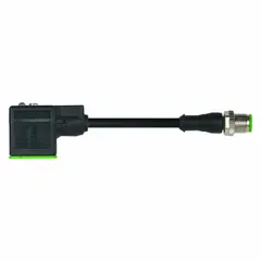 This cordset connects a DIN Form A solenoid connector to an M12 male straight connector. It features a 5-meter PVC cable with 18 AWG wire, 3 pins, and an IP67 rating. Used in industrial automation for linking solenoid valves or sensors to M12-enabled controllers.
