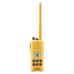 Analog VHF handheld marine radio with 2W output and 7 channels. Features GMDSS capability, IPX7 waterproof rating, numeric display, and 8-hour NiCad battery. Includes desktop charger and VOX. Meets TIA/EIA-603 standards. Suitable for ship-to-ship and ship-to-shore communication in maritime environments.