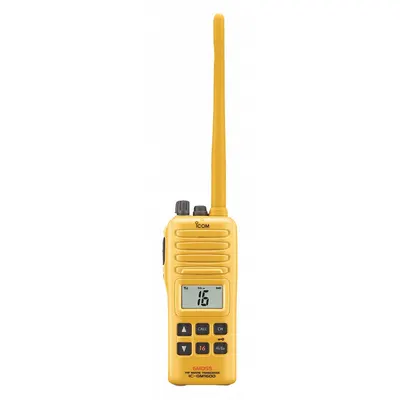 ICOM Handheld Two Way Radios: VHF, Analog, 2 W, 7 Channels, Numeric, IPX7, Yellow - Handheld Marine Radios