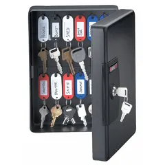 Steel key cabinet with a single key lock, finished in black gloss. Holds up to 25 keys on included key tags. Includes mounting hardware for wall installation. Dimensions: 9 3/4 in H x 7 3/8 in W x 3 1/4 in D. Suitable for organizing and securing keys in commercial or residential settings.