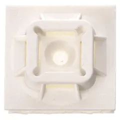 Adhesive mount cable tie base for securing wire bundles in control panels, data centers, and industrial equipment. Measures 1 in L x 1 in W x 0.24 in H with a 0.25 in slot width and 0.06 in slot height. Compatible with miniature, intermediate, and standard cable ties. White, pack of 100.