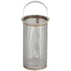 This replacement basket screen is constructed of 304 stainless steel with a silver finish. It measures 4.6875 inches in length and is designed for use with 1-inch series strainers. The basket filters particulates from steam, water, or other process fluids in industrial piping systems to protect downstream equipment.