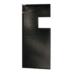 Single-panel swinging door with black PVC construction and a vinyl window. Includes door seals, bumpers, and mounting hardware. Meets USDA standards. Suitable for controlling temperature, noise, and traffic in commercial and industrial openings.