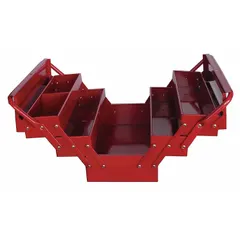 This steel tool box features a red finish and a single compartment for storing and organizing tools. It includes a padlock for security. Typical applications include job sites, workshops, and home garages where portable tool storage is needed.