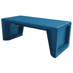 Floor-mounted 2-seat bench with Slate Blue polyethylene seat material. Meets ISO 22196 antimicrobial standard. Suitable for waiting areas, break rooms, and public spaces.