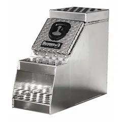 This single drop-down door truck step box is constructed of aluminum with a silver diamond-plate finish. It measures 28 inches deep by 24 inches high and features a keyed lock and T-handle compression latch for secure closure. Suitable for organized storage on service trucks and work vehicles.