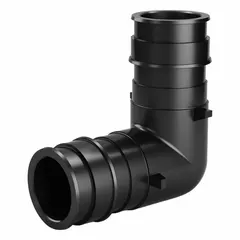 This ZURN polymer barbed fitting elbow is designed for PEX plumbing systems, enabling direction changes in water supply lines. It features a 3/4 in ID x 3/4 in ID x 1 in pipe size configuration and uses an expansion PEX connection method. Suitable for hydronic heating, potable water, and radiant floor installations.