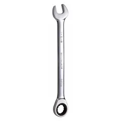 This SAE 12-point ratcheting combination wrench is made of alloy steel with a chrome finish. It features a 1-5/16 in head size and an 18 in overall length. The 12-point box end provides engagement on hex fasteners, while the open end allows for quick positioning. Suitable for tightening or loosening fasteners in maintenance and assembly tasks.