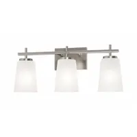 Wall-mounted vanity light with satin nickel finish. Operates on 120V AC, uses one ST19 bulb up to 60W, dimmable. Dimensions: 23 1/4 in L x 6 in W x 9 1/2 in H. Suitable for bathroom or dressing area lighting