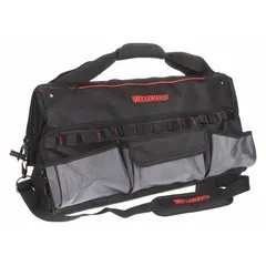 Polyester wide-mouth tool bag in black with 11 total pockets, including 7 inside pockets. Designed for carrying and organizing hand tools, fasteners, and small parts on job sites or in workshops.