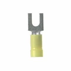 Yellow vinyl-insulated fork terminal from the EV10 series. Designed for 1/4 in studs with a funnel-entry barrel for easier wire insertion. Used to terminate electrical wires onto studs or screw terminals in control panels and power distribution systems.