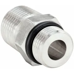 This straight threaded pipe fitting is made from 316 stainless steel and has a 1/2 in x 1/2 in configuration. Rated for 6000 psi, it is suitable for high-pressure fluid handling in hydraulic and pneumatic systems. Overall length is 1 17/32 in.