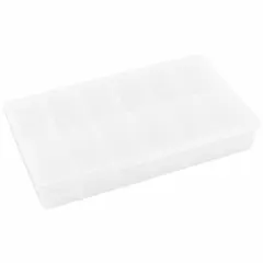 Clear plastic small parts compartmented box with 12 fixed compartments, each measuring 1-11/16 in x 3-1/16 in. Not electrostatic discharge conductive. Suitable for organizing and storing small components such as screws, nuts, beads, or electronic parts in workshops, labs, and assembly areas.